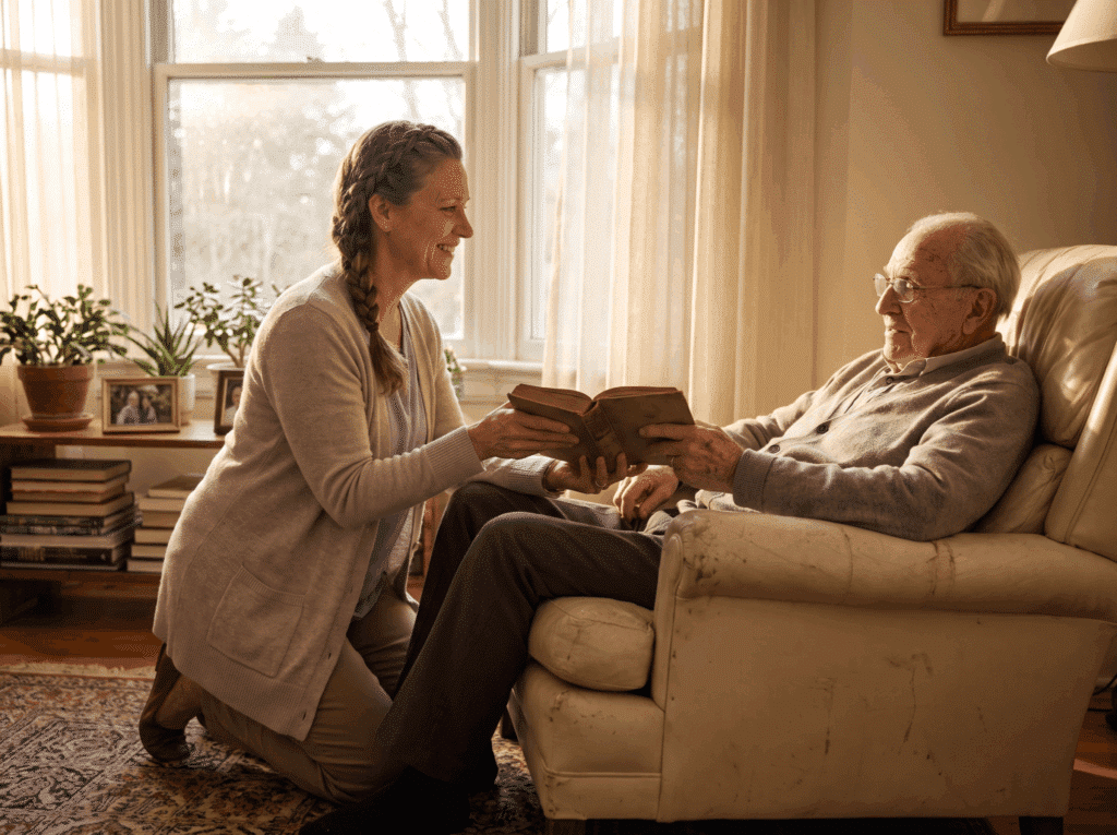 Caregiver providing companion care to a senior at home