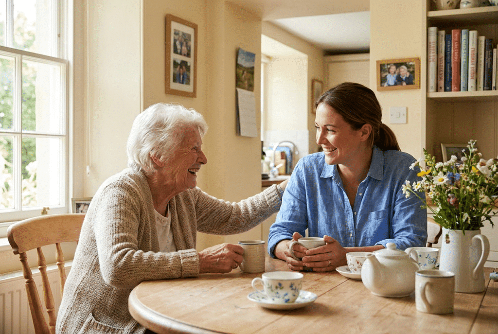 Companion care in Maryland — caregiver and senior chatting over tea