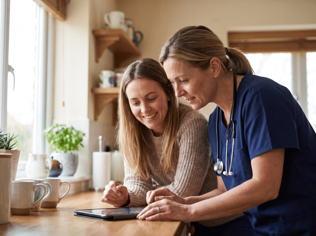 Registered nurse reviewing an in-home care plan with a Maryland family