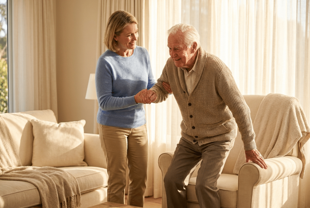 In-home personal care in Maryland — caregiver helping a senior stand
