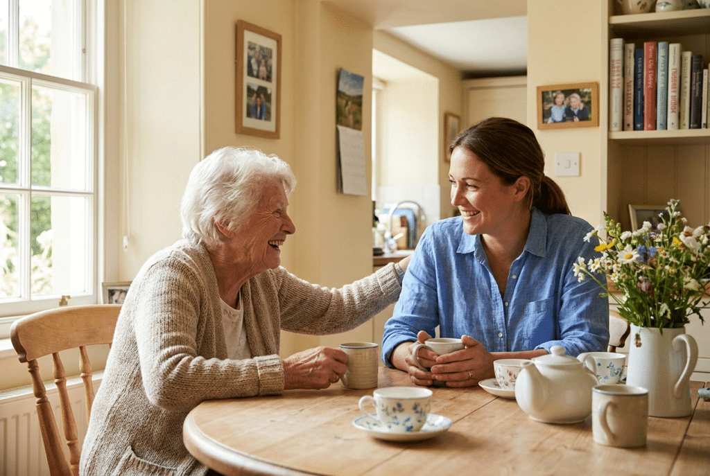 Companion care in Maryland — caregiver and senior chatting over tea