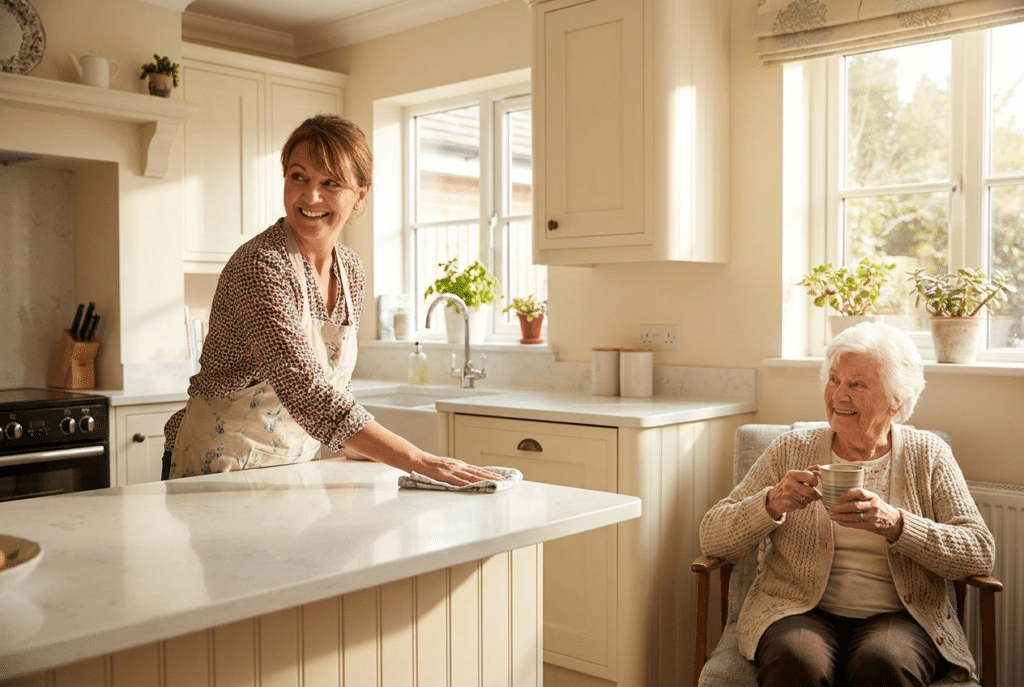 Homemaker services in Maryland — caregiver tidying a kitchen