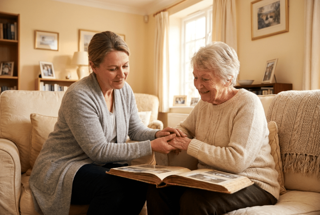 Dementia care at home in Maryland — caregiver and senior with a photo album