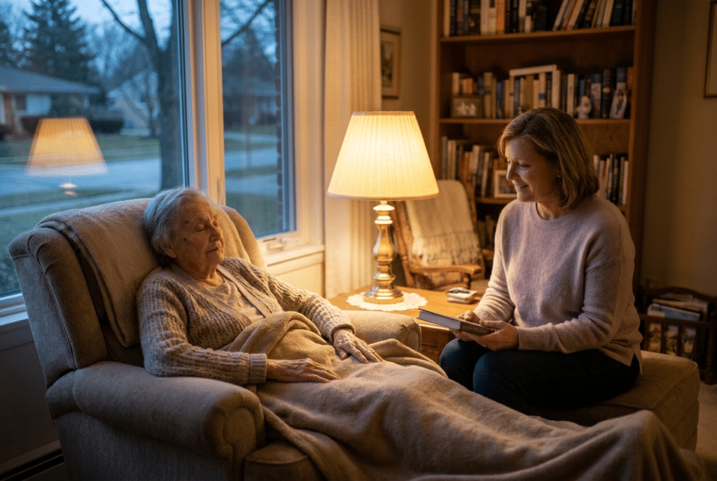 24-hour and live-in care in Maryland — caregiver with a senior in the evening