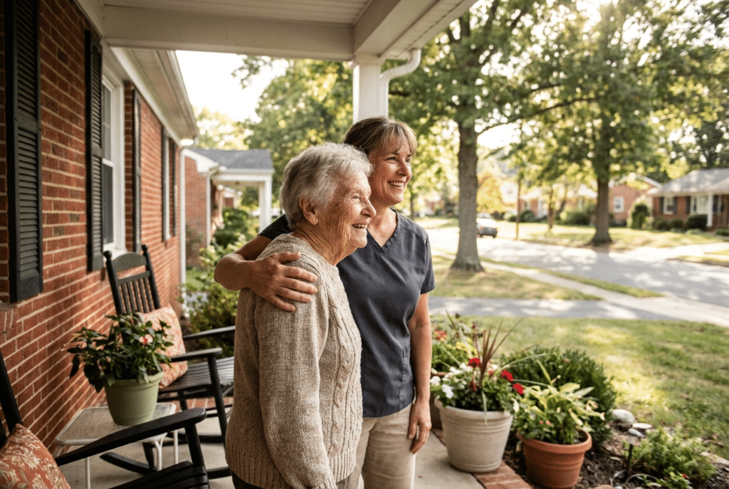 In-home senior care in Maryland — caregiver and senior on a suburban front porch