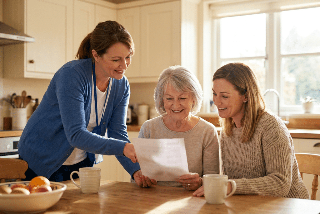 Reviewing a home care plan and cost with a Maryland family at the kitchen table