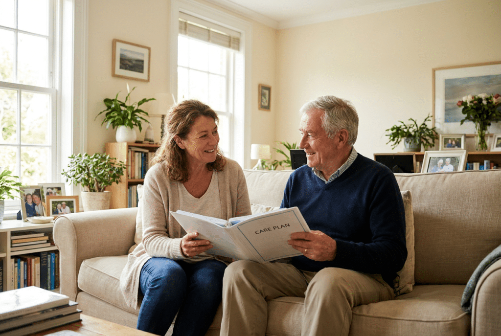 Vanguard caregiver with a senior and a care plan in a Maryland home