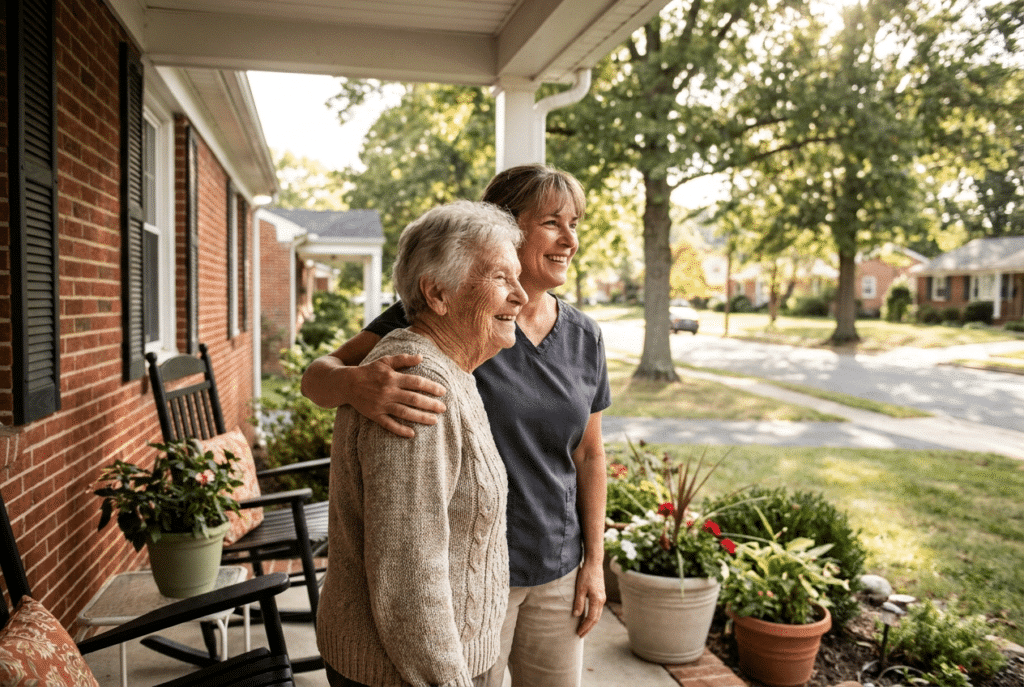 In-home senior care in Maryland — caregiver and senior on a suburban front porch
