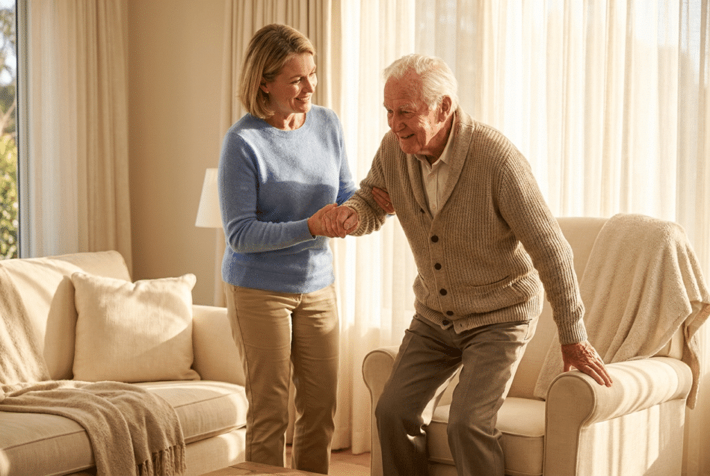 In-home personal care in Maryland — caregiver helping a senior stand