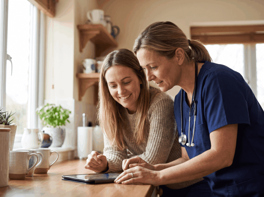 Registered nurse reviewing an in-home care plan with a Maryland family