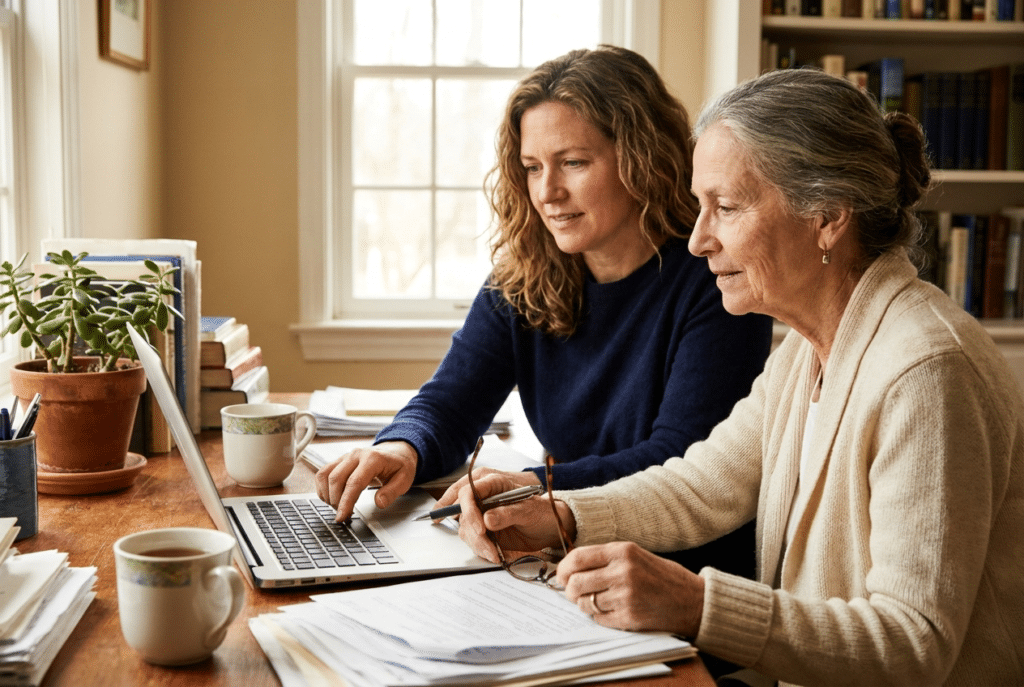 Kitchen table with a checklist, phone, and documents for applying for Maryland Medicaid in-home care through Maryland Access Point