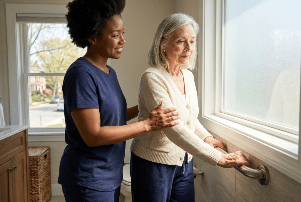 Home safety checklist for seniors on a clipboard beside tea and reading glasses on a sunlit Maryland kitchen table