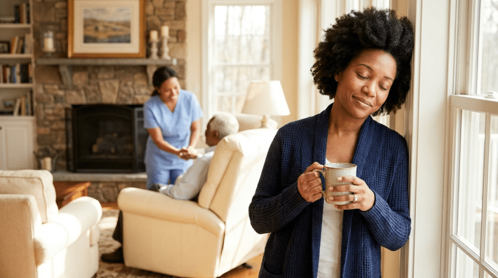 A family caregiver resting while a professional caregiver provides respite care in Maryland
