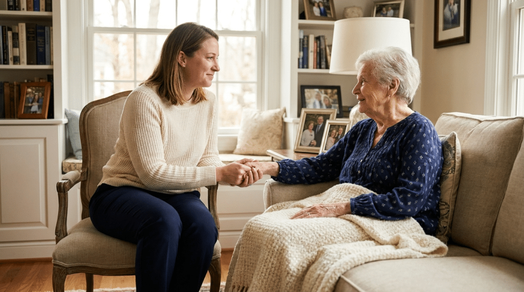 A caregiver calmly supporting a senior with dementia at home in Maryland