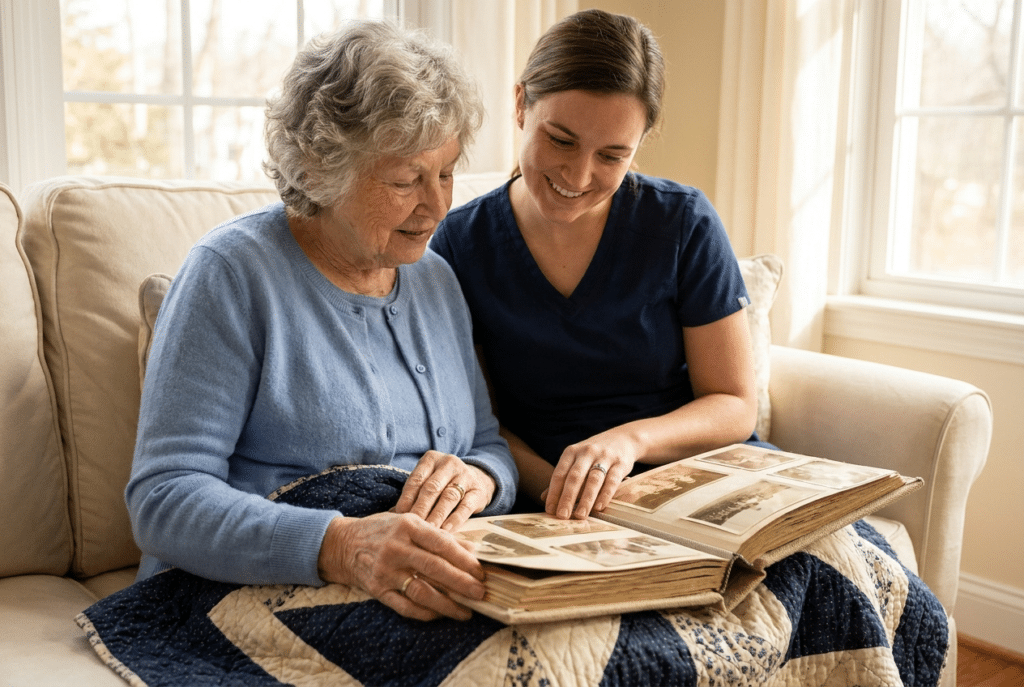 A calming late-afternoon home setup supporting dementia wandering prevention at home, with warm lighting and tea to reduce sundowning agitation in a Maryland home