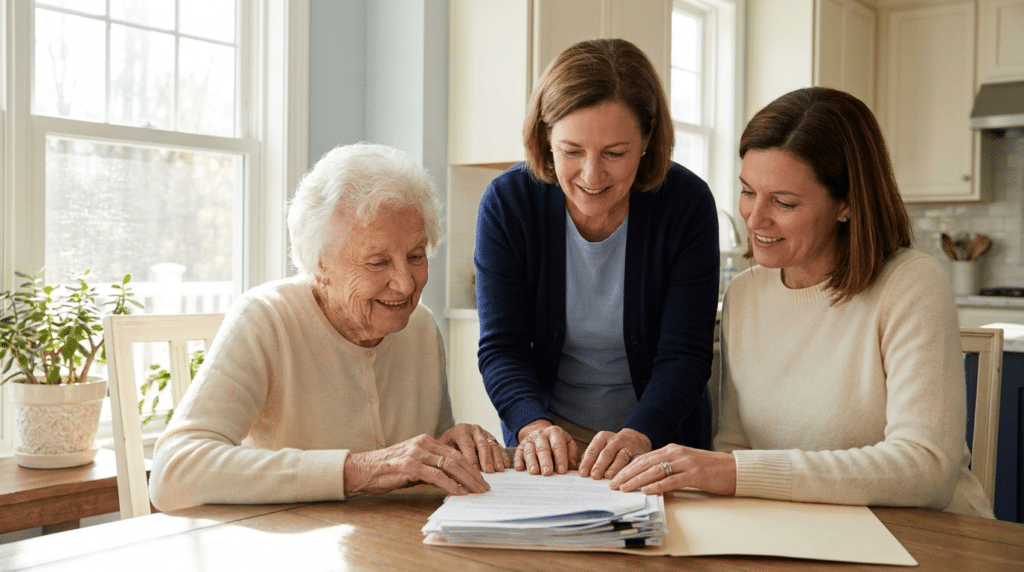 A caregiver and daughter helping a Maryland senior review Medicaid home-care coverage