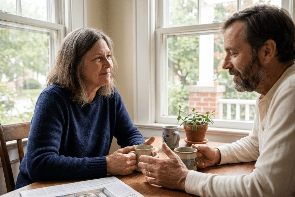 A weekly planner and coffee on a sunlit table, representing scheduling a respite care break to ease the signs of caregiver burnout in Maryland