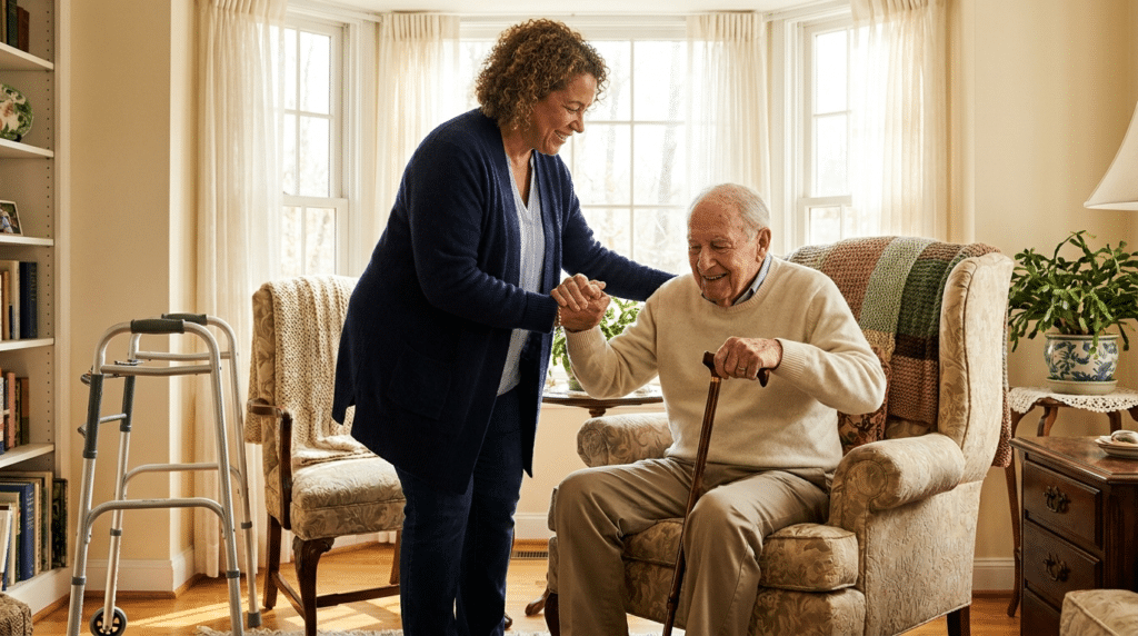 A caregiver helping a senior settle home after a hospital discharge in Maryland