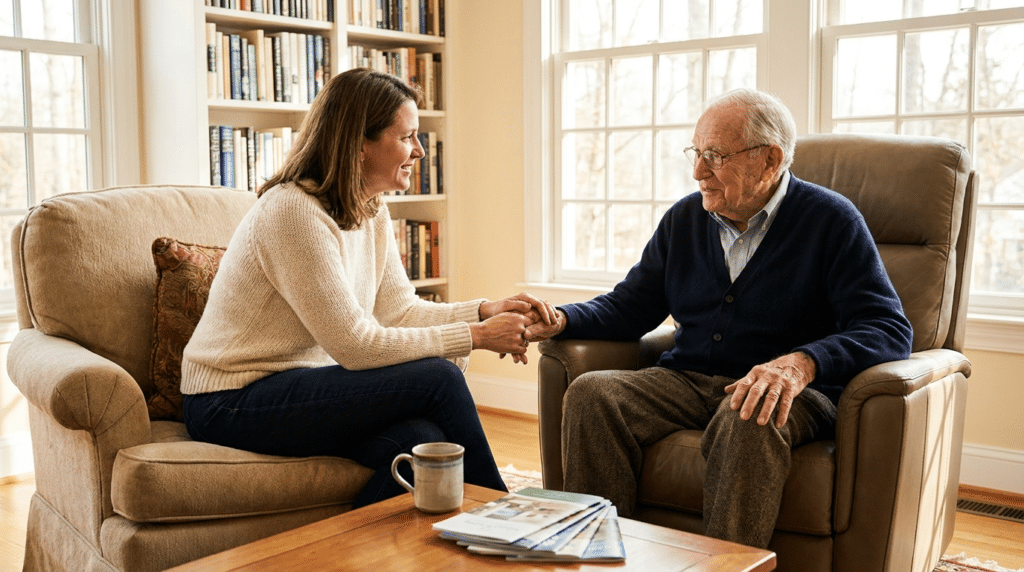 An adult daughter and her elderly father discussing in-home care versus assisted living at home in Maryland