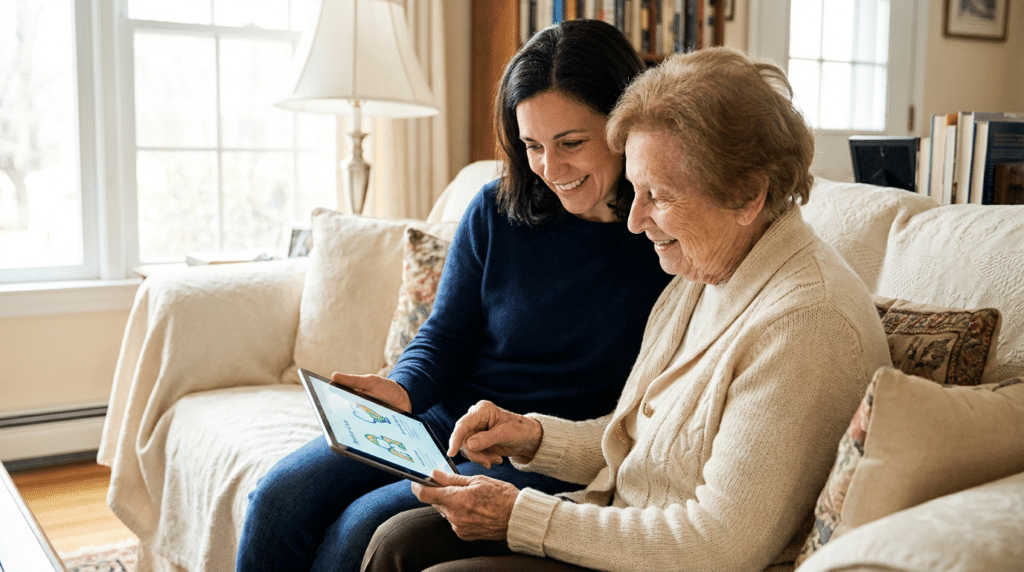 A Maryland daughter and her mother reading senior home-care guidance together