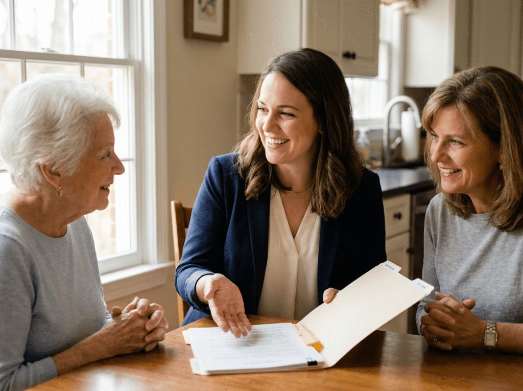 A care coordinator answering a Maryland family's home care questions at the kitchen table