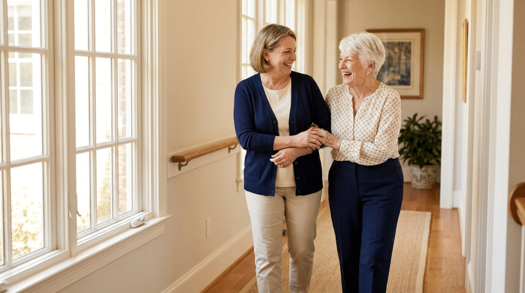 A caregiver walking with an active senior in a safe Maryland home hallway