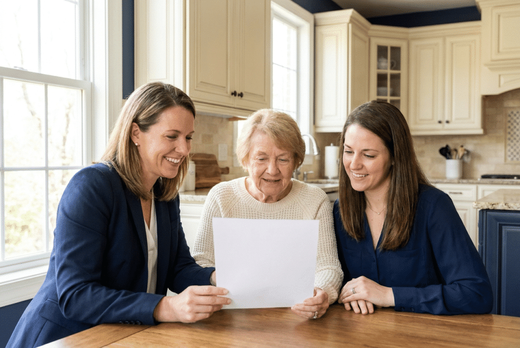 A Vanguard care coordinator reviewing a care plan with a Maryland senior and her daughter