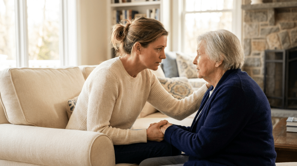 An adult daughter realizing her aging mother in Maryland needs more in-home care support