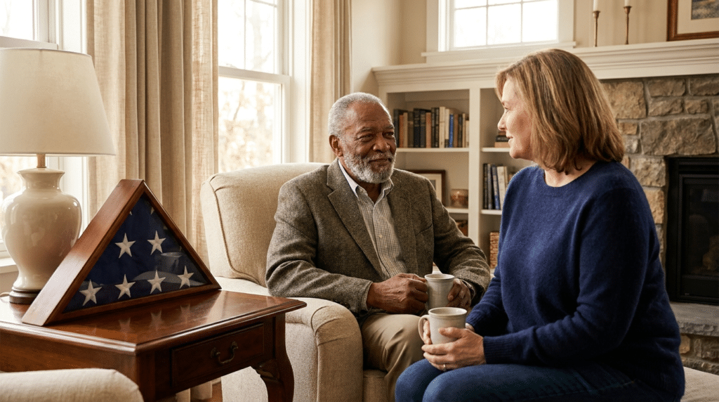 An elderly Maryland veteran and a home caregiver discussing VA Aid and Attendance benefits