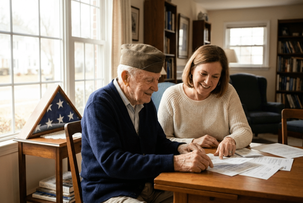 Home desk with a document folder and pen for a VA Aid and Attendance home care Maryland application in a Maryland family's home.