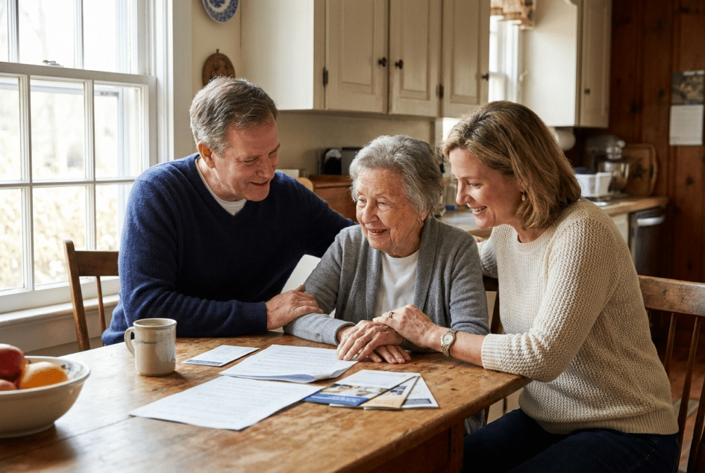 A Maryland family weighing senior care options together at the kitchen table